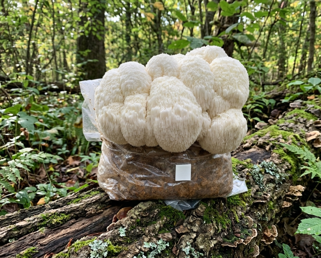 Mushfocus Lions Mane Growkit Supplement in the woods